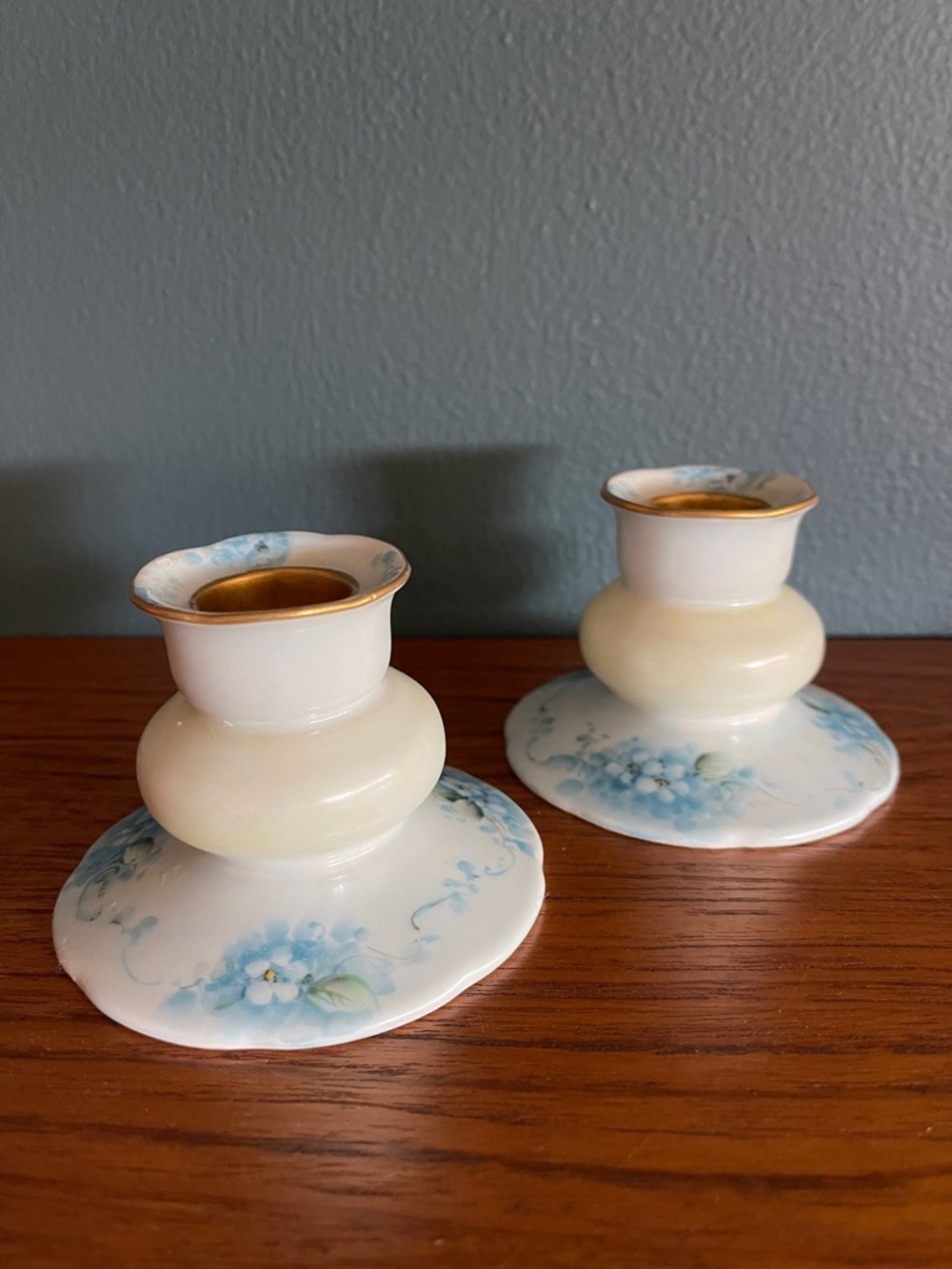 Vintage Candlestick Holders with Blue Flowers- marked “Gilman”